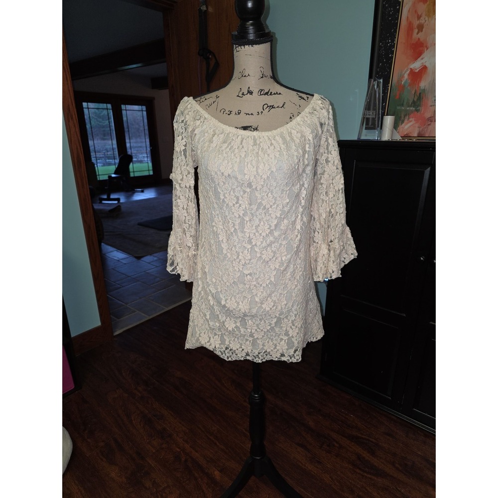Elan Cream Lace Off The Shoulder Dress Ruffle Bell Sleeve Boho Medium